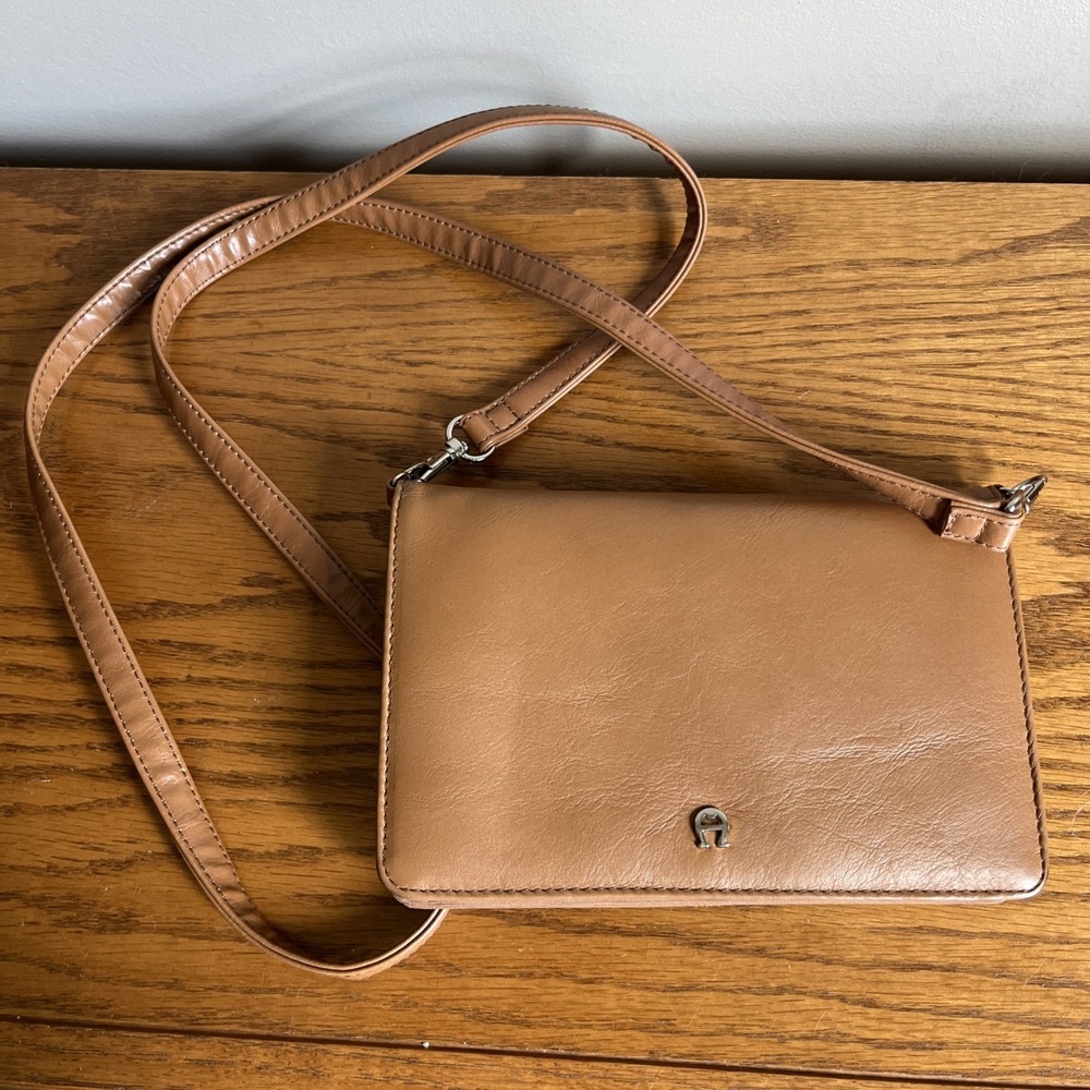 Etienne Aigner Crossbody Bag Purse Brown Tan Leather Wallet Multipocket 8"x5"